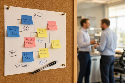 bulletin-board-in-office-with-employees-in-background